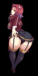 Rule 34 | 1girl, absurdres, ass, bent over, black background, black panties, breasts, brown eyes, cameltoe, cleft of venus, full body, garter straps, hair ornament, hand on ass, highres, izayoi aki, large breasts, mibry (phrysm), panties, red hair, school uniform, shoes, simple background, skirt, solo, tagme, thighhighs, underwear, upskirt, yu-gi-oh! 5d&#039;s