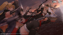 Rule 34 | absurdres, aircraft, azur lane, bare shoulders, belt, bikini, bikini top only, black bikini, black coat, black shorts, black skirt, black thighhighs, blonde hair, bow (weapon), breasts, clenched teeth, cloak, closed eyes, coat, compound bow, cutoffs, dishwasher1910, dutch angle, elbow gloves, enterprise (azur lane), f4u corsair, fingerless gloves, flight deck, floating hair, gloves, hammann (azur lane), hat, highres, holding, hornet (azur lane), large breasts, long hair, looking at viewer, military hat, miniskirt, motion blur, navel, ocean, official art, outdoors, outstretched arm, peaked cap, pleated skirt, portland (azur lane), shirt, short shorts, shorts, skirt, sleeveless, sleeveless shirt, swimsuit, teeth, thighhighs, torn clothes, torn legwear, turret, twintails, water, weapon, white hair, white shirt, yorktown (azur lane)