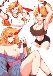 Rule 34 | 1girl, alcohol, alternate costume, ankle cuffs, bike shorts, black shorts, black tank top, blonde hair, blue kimono, breasts, chain, choko (cup), cleavage, collarbone, commentary request, crop top, cuffs, cup, eyelashes, eyes visible through hair, fang, foot out of frame, fugaku (miko no miyatsuguchi), highres, horns, hoshiguma yuugi, hoshiguma yuugi (kimono), japanese clothes, kimono, large breasts, long hair, midriff, multiple views, navel, off shoulder, official alternate costume, oni, open mouth, pink sash, pointing, ponytail, puffy short sleeves, puffy sleeves, red eyes, red horns, sakazuki, sake, sash, shackles, shirt, short sleeves, shorts, simple background, single horn, sitting, smile, stomach, tank top, touhou, white background, white shirt