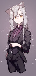 Rule 34 | 1girl, absurdres, animal ears, arknights, beudelb, black jacket, black pants, braid, brass knuckles, collared shirt, cowboy shot, cropped legs, diagonal-striped clothes, diagonal-striped necktie, grey background, grey hair, hair between eyes, hand in pocket, highres, indra (arknights), indra (valiant general) (arknights), jacket, lapels, long hair, long sleeves, multicolored hair, necktie, official alternate costume, pants, purple necktie, purple shirt, purple vest, scar, scar on face, scar on nose, shirt, simple background, solo, streaked hair, striped clothes, suit jacket, tiger ears, tiger girl, tuxedo, two-tone hair, vest, weapon, yellow eyes