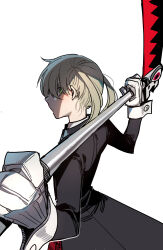 Rule 34 | 1girl, blonde hair, cowboy shot, from side, gloves, green eyes, highres, holding, holding scythe, long sleeves, looking at viewer, maka albarn, pleated skirt, ratatatat74, red skirt, scythe, simple background, skirt, solo, soul eater, twintails, weapon, white background, white gloves