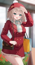 Rule 34 | 1girl, :d, absurdres, bag, blonde hair, blue eyes, blush, breasts, c-93 (girls&#039; frontline), c-93 (glistening encounter) (girls&#039; frontline), coat, commentary, english commentary, girls&#039; frontline, hand up, handbag, highres, large breasts, lens flare, light particles, long sleeves, looking at viewer, medium hair, open mouth, outdoors, red beanie, red coat, rynzfrancis, scarf, shopping bag, smile, solo, twitter username