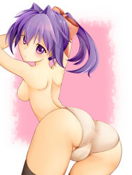 Rule 34 | 1girl, arched back, arms up, ass, bent over, black thighhighs, blush, bow, breasts, cleft of venus, closed mouth, from behind, frown, hair bow, head tilt, looking back, medium breasts, original, panties, pink background, ponytail, purple eyes, purple hair, red bow, short ponytail, solo, tewo, thighhighs, topless, underwear, white panties