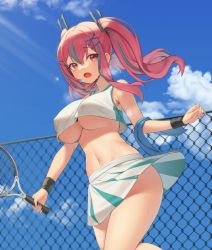Rule 34 | 1girl, absurdres, azur lane, bare shoulders, blue sky, breasts, bremerton (azur lane), bremerton (scorching-hot training) (azur lane), chain-link fence, commentary request, crop top, crop top overhang, day, fence, glint, green hair, heart, heart necklace, highres, holding, holding racket, jewelry, large breasts, miniskirt, mole, mole under eye, multicolored hair, navel, necklace, no bra, open mouth, outdoors, pink eyes, pink hair, pleated skirt, racket, shirt, skirt, sky, sleeveless, sleeveless shirt, sportswear, standing, standing on one leg, stomach, streaked hair, sweat, tennis racket, tennis uniform, thighs, twintails, two-tone hair, two-tone skirt, underboob, white skirt, xi xeong