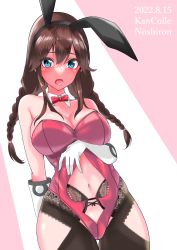 Rule 34 | 1girl, :o, absurdres, animal ears, arm behind back, blue eyes, blush, bow, bowtie, braid, breasts, brown hair, character name, cleavage, clothing cutout, commentary request, copyright name, dated, detached collar, fake animal ears, full-face blush, gloves, highres, kantai collection, leotard, long hair, looking at viewer, low twin braids, medium breasts, navel, navel cutout, noshiro (kancolle), pink background, playboy bunny, rabbit ears, red bow, red bowtie, solo, thigh gap, twin braids, two-tone background, white background, white gloves, yoshiki (bpmaxm)