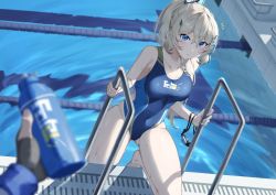 Rule 34 | 1girl, 1other, blonde hair, blue eyes, blue one-piece swimsuit, blurry, bottle, breasts, commentary request, competition swimsuit, depth of field, goggles, unworn goggles, groin, highleg, highleg swimsuit, lane line, looking at viewer, medium breasts, morros, one-piece swimsuit, original, ponytail, pool, pool ladder, poolside, swimsuit, water, water bottle