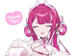 Rule 34 | 1girl, chinese clothes, cleavage cutout, closed eyes, clothing cutout, dragon girl, dragon horns, fur trim, horns, indie virtual youtuber, jacket, long hair, low twintails, natsuiro xx, pink jacket, pinky (vtuber), sleeves past wrists, thank you, thick eyebrows, twintails, upper body, virtual youtuber, white background