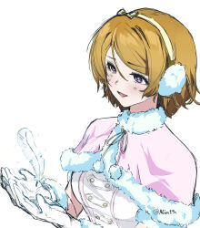 Rule 34 | 1girl, bow hairband, brown hair, capelet, commentary, earmuffs, english commentary, feathers, fur-trimmed capelet, fur trim, gloves, hairband, highres, koizumi hanayo, love live!, love live! school idol project, niant9n, open mouth, pink capelet, purple eyes, shirt, short hair, simple background, smile, solo, twitter username, upper body, white background, white gloves, white shirt, yellow hairband
