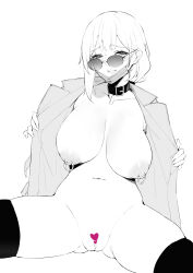 Rule 34 | 1girl, absurdres, alios arvin, bdsm, belt collar, breasts, censored, coat, collar, collarbone, exhibitionism, glasses, heart, heart censor, highres, large breasts, mask, mature female, medium hair, mole, mole under eye, mouth mask, navel, nipple piercing, nipples, original, partially colored, piercing, public indecency, pussy, slave, solo, thighhighs