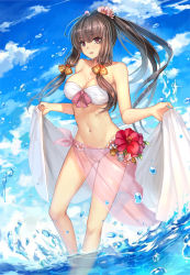 Rule 34 | 1girl, bare shoulders, bell, blush, breasts, brown eyes, brown hair, character request, cleavage, collarbone, flower, hair bell, hair flower, hair ornament, highres, large breasts, long hair, looking at viewer, luoxuan jingjie xian, mole, mole under eye, musyne xsk, navel, official art, parted lips, ponytail, solo, standing, swimsuit