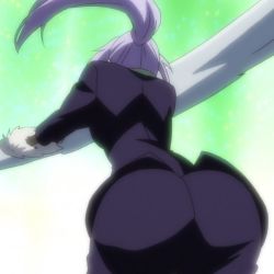 Rule 34 | 1girl, action, ass, ass focus, formal, from behind, from below, green background, highres, holding, holding sword, holding weapon, huge ass, jacket, long hair, office lady, pants, ponytail, purple hair, purple jacket, purple legwear, purple pants, purple suit, red wizard (artist), shion (tensei shitara slime datta ken), solo, suit, sword, tensei shitara slime datta ken, weapon