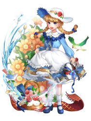 Rule 34 | 1girl, :d, antweiyi, basket, bird, black footwear, blue dress, blue eyes, bluebird, bow, braid, dress, flower, hair bow, hat, hat flower, highres, looking at viewer, open mouth, shoes, skirt hold, smile, socks, solo, standing, twin braids, water, watering can, white hat, white socks