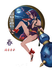 Rule 34 | 1girl, absurdres, alcohol, ankle ribbon, barefoot sandals (jewelry), bob cut, breasts, cup, eyeliner, fate/grand order, fate (series), headpiece, highres, horns, japanese clothes, kimono, leg ribbon, makeup, morime, oni, open clothes, open kimono, purple eyes, purple hair, purple kimono, revealing clothes, ribbon, sakazuki, sake, short eyebrows, short hair, shuten douji (fate), skin-covered horns, small breasts, solo