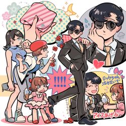 Rule 34 | !, !!, 1boy, 3girls, :o, ^ ^, arm at side, bag, beret, black-framed eyewear, black eyes, black hair, black jack (series), black jacket, black pants, blue dress, blue eyes, blue footwear, blue shirt, bob cut, bookila ni yoroshiku!, bouquet, bow, broken heart, brown eyes, brown hair, cameo, character request, chinese commentary, closed eyes, closed mouth, cloud, collared shirt, commentary request, crescent, crossover, dress, earrings, expressionless, flower, flying sweatdrops, food, formal, frilled dress, frills, frown, full body, grey pants, hair bow, hand in pocket, hand on own cheek, hand on own face, hand up, handbag, handkerchief, hat, heart, high heels, holding, holding bag, holding bouquet, holding food, holding ice cream, ice cream, ice cream cone, jacket, jewelry, leaning forward, long hair, long sleeves, looking at another, looking at viewer, mary janes, migonado, multiple girls, multiple hair bows, multiple views, nail polish, necktie, neoki toroko, nervous smile, open mouth, pants, pink dress, pink nails, pinoko, pointing, raincloud, red bow, red flower, red footwear, red headwear, red rose, rock (tezuka osamu), rose, shirt, shoes, short hair, short sleeves, sleeveless, sleeveless dress, smile, sneakers, socks, standing, star system, suit, sunglasses, sweat, teardrop-framed glasses, tezuka osamu (character), translation request, turtleneck dress, water drop, white jacket, white shirt, white socks, wing collar, yellow necktie