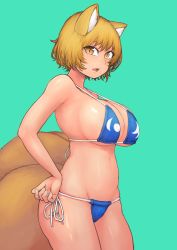 Rule 34 | 1girl, absurdres, animal ears, aqua background, bikini, blonde hair, breasts, chanta (ayatakaoisii), cowboy shot, fox ears, fox tail, hand on own hip, highres, large breasts, looking at viewer, multiple tails, no headwear, no headwear, open mouth, short hair, simple background, solo, swimsuit, tail, touhou, yakumo ran, yellow eyes