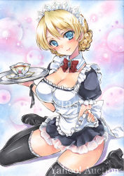 Rule 34 | 10s, 1girl, alternate costume, apron, artist name, at classics, black footwear, black thighhighs, blonde hair, blue eyes, blush, bow, bowtie, braid, breasts, cleavage, closed mouth, cup, darjeeling (girls und panzer), detached collar, enmaided, french braid, frilled apron, frills, girls und panzer, holding, holding tray, looking at viewer, maid, maid headdress, medium breasts, red bow, red bowtie, sample watermark, saucer, shoes, short hair, sitting, smile, solo, teacup, thighhighs, traditional media, tray, waist apron, wariza, watermark, white apron, zettai ryouiki