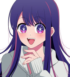 Rule 34 | 1girl, :d, anime coloring, blush, commentary, fuyu nur, highres, hood, hoodie, hoshino ai (oshi no ko), long hair, long sleeves, looking at viewer, multicolored hair, open mouth, oshi no ko, pink hair, purple eyes, purple hair, sidelocks, simple background, smile, solo, star-shaped pupils, star (symbol), streaked hair, swept bangs, symbol-shaped pupils, teeth, upper body, upper teeth only, white background, white hoodie