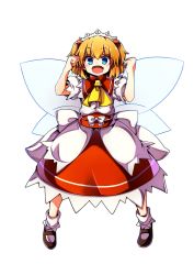 Rule 34 | 1girl, absurdres, ascot, baba (baba seimaijo), blue eyes, brown hair, eyebrows, fairy, fairy wings, fang, full body, hair ornament, highres, obi, open mouth, orange hair, puffy short sleeves, puffy sleeves, red skirt, sash, short hair, short sleeves, skirt, solo, sunny milk, tachi-e, touhou, transparent background, white background, wings