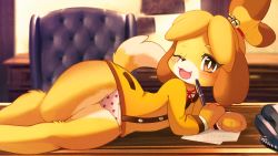 Rule 34 | 1girl, :3, ancesra, animal crossing, animal ears, animal hands, animal nose, arm support, bell, blonde hair, blurry, blurry background, blush, body fur, bright pupils, brown hair, buttons, chair, corded phone, desk, dog ears, dog girl, dog tail, fang, female focus, flat chest, furry, furry female, hair bell, hair ornament, hair tie, happy, heart, heart panties, heart print, highres, holding, holding pen, indoors, isabelle (animal crossing), jacket, jingle bell, legs together, long sleeves, looking at viewer, lying, multicolored hair, neck ribbon, nintendo, no pants, on desk, on side, one eye closed, open mouth, panties, paper, parted bangs, pen, phone, pocket, print panties, red ribbon, ribbon, shirt, short hair, smile, snout, solo, tail, tongue, topknot, two-tone fur, two-tone hair, underwear, white fur, white panties, white pupils, white shirt, wide hips, wink, yellow eyes, yellow fur, yellow jacket
