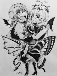 Rule 34 | 3girls, antennae, aozora taf, artist name, bare arms, bird wings, boots, bow, butterfly wings, capelet, closed mouth, corset, demon tail, dress, eternity larva, fangs, from behind, greyscale, hair between eyes, hair ornament, hand up, hat, hat bow, high heels, insect wings, koakuma, leaf hair ornament, long hair, long sleeves, looking at viewer, looking back, monochrome, multiple girls, open mouth, own hands together, pointy ears, short hair, simple background, skirt, smile, staring, tail, touhou, traditional media, usami renko, wings