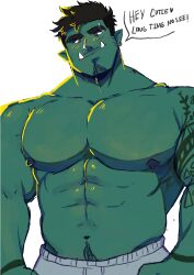 Rule 34 | 1boy, arms at sides, bara, beard, blue eyes, blush, colored skin, cowboy shot, english text, eyebrow cut, facial hair, goatee stubble, green skin, head tilt, highres, huge pectorals, looking at viewer, male focus, mature male, monster boy, muscular, muscular male, nipples, orc, original, pants, rusl (ruslorc), ruslorc, short hair, solo, speech bubble, stubble, thick eyebrows, topless male, track pants, tusks