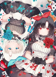 Rule 34 | 2girls, :o, absurdres, black dress, black gloves, black hair, blue bow, blue butterfly, blue eyes, blue flower, blue rose, bow, breasts, bug, butterfly, card, cleavage, cleavage cutout, clothing cutout, commentary, dress, english commentary, flower, frilled sleeves, frills, gloves, hair bow, highres, insect, long hair, looking at viewer, lying, medium breasts, medium hair, multiple girls, on back, original, own hands together, parted lips, petals, playing card, puffy short sleeves, puffy sleeves, red bow, red butterfly, red eyes, red flower, red rose, rose, short sleeves, shotgunman, siblings, striped clothes, striped dress, turtleneck, twins, upper body, vertical-striped clothes, vertical-striped dress, white dress, white gloves, white hair