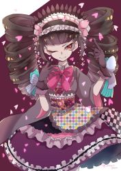 Rule 34 | 10s, 1girl, artist name, bad id, bad pixiv id, black hair, bonnet, bow, celestia ludenberg, danganronpa: trigger happy havoc, danganronpa (series), dress, drill hair, eyelashes, floral print, flower, frills, gloves, gothic lolita, headband, heart, japanese clothes, lace trim, lolita fashion, long hair, looking at viewer, one eye closed, pale skin, patterned clothing, petals, red eyes, simple background, smile, solo, text focus, twintails, wide sleeves, yakigurigohan