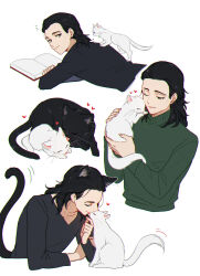 Rule 34 | 1boy, animal, animal ear fluff, animal ears, animal nose, animification, black fur, black hair, book, cat, cat ears, cat tail, closed eyes, closed mouth, collarbone, fingernails, green eyes, green sweater, grey shirt, half-closed eye, hand up, hands up, heart, holding, holding animal, kemonomimi mode, licking, loki (marvel), long sleeves, looking at animal, looking back, lying, marvel, marvel cinematic universe, medium hair, murdermuffinloki, on stomach, one eye closed, open book, shirt, simple background, smile, standing, sweater, tail, tongue, tongue out, turtleneck, turtleneck sweater, upper body, white background, white fur