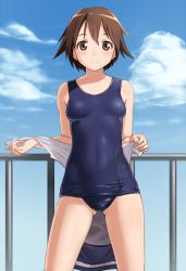 Rule 34 | 1girl, blush, breasts, brown eyes, brown hair, cloud, covered navel, day, medium breasts, miyafuji yoshika, one-piece swimsuit, school swimsuit, shiny clothes, short hair, sky, smile, solo, strike witches, swimsuit, tkln, world witches series