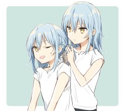 Rule 34 | 2others, androgynous, blue hair, braid, clone, closed mouth, commentary request, dual persona, expressionless, hair between eyes, long hair, mikoto kei, multiple others, one eye closed, open mouth, rimuru tempest, simple background, smile, sweat, tensei shitara slime datta ken, tying hair, white background, yellow eyes