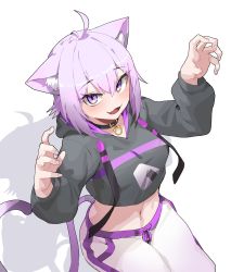 Rule 34 | 1girl, absurdres, ahoge, animal ears, black collar, black sweater, cat ears, cat girl, cat tail, claw pose, collar, commentary, cowboy shot, cropped sweater, drawstring, fang, gachop99, hair between eyes, highres, hololive, hood, hood down, hooded sweater, looking at viewer, midriff, navel, nekomata okayu, nekomata okayu (1st costume), open mouth, pants, purple eyes, purple hair, shadow, short hair, simple background, sitting, solo, sweater, symbol-only commentary, tail, virtual youtuber, white background, white pants
