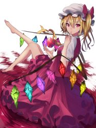 Rule 34 | 1girl, ambiguous red liquid, apple, barefoot, blonde hair, crystal, expressionless, finger to mouth, flandre scarlet, food, fruit, full body, hair between eyes, hat, highres, karuno mizuki (kyuu arupaka), looking back, mob cap, necktie, orange eyes, parted lips, puffy short sleeves, puffy sleeves, red skirt, red vest, ribbon-trimmed sleeves, ribbon trim, ripples, short sleeves, side ponytail, sitting, skirt, solo, touhou, vest, white background, white hat, wings, yellow necktie