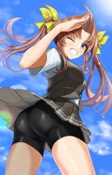 Rule 34 | 1girl, ahoge, artist request, ass, bike shorts, blush, breasts, brown hair, cameltoe, from behind, from below, grin, hair ribbon, highres, huge ass, kagerou (kancolle), kantai collection, long hair, looking at viewer, one eye closed, pantylines, purple eyes, ribbon, salute, school uniform, shiny clothes, shiny skin, skirt, smile, solo, twintails, upskirt, very long hair, wink