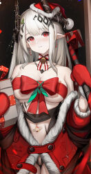 Rule 34 | 1girl, absurdres, arknights, bandaid on navel, bare shoulders, blush, bow, breasts, candy, candy cane, censored, choker, christmas, cleavage, closed mouth, collarbone, cowboy shot, earrings, food, fur-trimmed jacket, fur trim, gift, gloves, hair ornament, hammer, hat, highres, horns, jacket, jewelry, large breasts, long hair, looking at viewer, material growth, mosaic censoring, mudrock (arknights), nopetroto, off shoulder, open clothes, open jacket, oripathy lesion (arknights), pale skin, pointy ears, pussy cutout, pussy juice, pussy juice drip, red bow, red eyes, red gloves, red jacket, red ribbon, ribbon, ribbon bra, ribbon choker, santa hat, sidelocks, smile, solo, variant set, white hair
