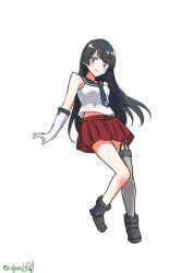 Rule 34 | 1girl, absurdres, agano (kancolle), black hair, black necktie, black sailor collar, full body, garter straps, green eyes, grey thighhighs, highres, kantai collection, long hair, necktie, one-hour drawing challenge, pleated skirt, red skirt, robinson (day l full), sailor collar, sailor shirt, shirt, simple background, single garter strap, single thighhigh, skirt, sleeveless, sleeveless shirt, solo, thighhighs, white background, white shirt