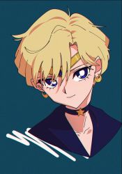 Rule 34 | 1990s (style), 1girl, absurdres, bishoujo senshi sailor moon, blonde hair, blue background, blue eyes, choker, closed mouth, collarbone, crescent, diadem, earrings, eyelashes, female focus, head tilt, highres, jewelry, looking at viewer, magical girl, nzeneee, parted bangs, portrait, retro artstyle, sailor uranus, short hair, simple background, smile, solo, star (symbol), star choker, tiara