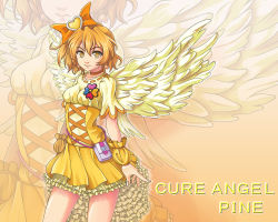 00s 1girl bow brown_eyes brown_hair character_name choker cure_angel cure_pine cure_pine_(angel) dress expressionless female_focus fresh_precure! frills hair_bow hair_ornament heart heart_hair_ornament magical_girl ntk_51 orange_background precure short_hair skirt solo wings wrist_cuffs yamabuki_inori yellow_dress yellow_skirt zoom_layer