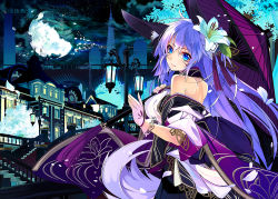 Rule 34 | 1girl, animal ears, bare shoulders, blue eyes, breasts, dog ears, facial mark, flower, from side, gloves, hair flower, hair ornament, japanese clothes, large breasts, light purple hair, lips, long hair, looking at viewer, moon, night, off shoulder, original, outdoors, revision, shirokitsune, shoulder blades, smile, solo, tail, tassel, umbrella, very long hair, whisker markings, wide sleeves