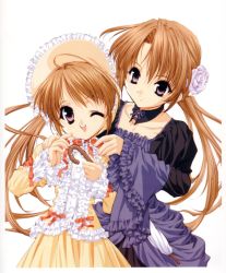 Rule 34 | 00s, 2girls, ;d, bonnet, brown hair, buttons, chin strap, closed umbrella, detached collar, dress, finger to cheek, flower, frilled dress, frilled sleeves, frills, hair flower, hair ornament, hands on another&#039;s shoulders, highres, hinako (sister princess), holding, holding umbrella, lolita fashion, long hair, long sleeves, looking at another, looking at viewer, low twintails, multiple girls, one eye closed, open mouth, parasol, parted bangs, pink eyes, purple eyes, rose, sakuya (sister princess), simple background, sister princess, smile, twintails, umbrella, white background, wide sleeves