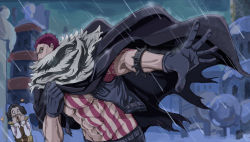 Rule 34 | 2boys, abs, aqua eyes, arm tattoo, armlet, bare pectorals, black cape, black gloves, black hair, black vest, blank eyes, cape, charlotte katakuri, chest tattoo, covered mouth, facial hair, from side, gloves, highres, living (pixiv5031111), long sleeves, looking at viewer, male focus, multiple boys, muscular, muscular male, night, one piece, open clothes, open mouth, open vest, outdoors, outstretched arm, pants, pectorals, purple hair, rain, scar, scarf, scarf over mouth, serious, short hair, solo focus, sparkle, spikes, standing, stitches, stomach, stomach tattoo, tattoo, topless male, unzipped, upper body, vest, white scarf, wind, zipper