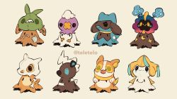 Rule 34 | artist name, black eyes, blitzle, bone, commentary, cosmog, creatures (company), cubone, disguise, drifloon, english commentary, game freak, gen 1 pokemon, gen 3 pokemon, gen 4 pokemon, gen 5 pokemon, gen 7 pokemon, gen 8 pokemon, highres, jirachi, legendary pokemon, mimikyu, mythical pokemon, nintendo, no humans, pokemon, pokemon (creature), riolu, simple background, skull, standing, teletelo, trubbish, watermark, yamper