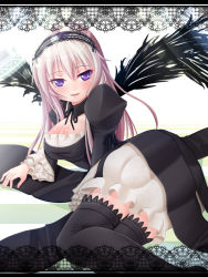 Rule 34 | 00s, breasts, chibimame, cleavage, dress, hairband, large breasts, long hair, lying, purple eyes, rozen maiden, silver hair, solo, suigintou, thighhighs, wings, zettai ryouiki
