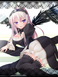 00s breasts chibimame cleavage dress hairband large_breasts long_hair lying purple_eyes rozen_maiden silver_hair solo suigintou thighhighs wings zettai_ryouiki