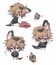 ... 1boy absurdres animal_ears aoi_(cariiiie) black_footwear black_jacket black_shorts black_vest blood blood_from_mouth blood_on_face broken_heart brown_hair chibi chibi_only chinese_commentary commentary_request coughing_blood dog dog_boy dog_boy_(aoi_(cariiiie)) dog_ears dog_tail fang flying_sweatdrops grey_socks guro heart highres intestines jacket long_sleeves male_focus multiple_views necktie open_mouth original red_eyes red_necktie scar scar_on_face scar_on_nose shirt short_hair shorts simple_background sleeves_past_fingers sleeves_past_wrists socks speech_bubble spoken_ellipsis sweat syringe tail translated vest white_background white_shirt