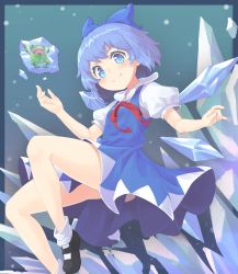 Rule 34 | &gt;:), 1girl, black footwear, blue bow, blue dress, blue eyes, blue hair, blush, bow, cirno, closed mouth, determined, dress, eyelashes, five star stories, flying, frog, frozen frog, hair bow, highres, ice, ice wings, looking at viewer, nano (mianhua maoqiu), neck ribbon, pinafore dress, puffy short sleeves, puffy sleeves, red ribbon, ribbon, shirt, shoes, short dress, short hair, short sleeves, sleeveless dress, smile, socks, solo, touhou, v-shaped eyebrows, w arms, white shirt, white socks, wing collar, wings