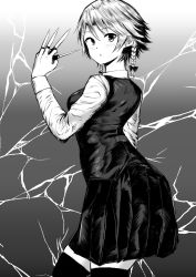 Rule 34 | 1girl, :o, absurdres, braid, breasts, commentary request, earrings, gradient background, greyscale, hair ribbon, highres, izayoi sakuya, jewelry, long sleeves, looking at viewer, looking back, medium breasts, monochrome, no headwear, pleated skirt, ribbon, sen (daydream 53), short hair, side braids, skirt, solo, thighhighs, touhou, tress ribbon, vest, zettai ryouiki