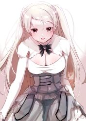 Rule 34 | 1girl, armpit cutout, artist logo, blush, breasts, brown eyes, cleavage cutout, clothing cutout, conte di cavour (kancolle), corset, dress, frilled dress, frills, grey dress, grey hair, kantai collection, kimura shiki, large breasts, layered dress, long hair, long sleeves, looking at viewer, one-hour drawing challenge, simple background, smile, solo, two-tone dress, two side up, white background, white dress