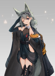 Rule 34 | 1girl, ;), animal ears, arknights, arm up, armband, asicah, bare shoulders, black coat, black footwear, boots, cake, character name, closed mouth, clothes writing, coat, cowboy shot, dated, dress, earrings, elbow gloves, epaulettes, food, fork, gloves, grani (arknights), green dress, green gloves, grey background, grey hair, hairband, holding, holding plate, jacket, jacket on shoulders, jewelry, long hair, looking at viewer, one eye closed, open clothes, open coat, plate, purple hair, simple background, sleeveless, sleeveless dress, smile, solo, thigh boots, thighhighs