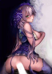 Rule 34 | 1girl, :d, ^ ^, ass, bad id, bad pixiv id, blush, bottomless, breasts, closed eyes, closed mouth, green eyes, hair between eyes, hair ornament, highres, light censor, long hair, looking at viewer, looking back, medium breasts, nipples, open mouth, original, purple hair, purple thighhighs, pursed lips, rororogi mogera, sideboob, smile, solo, spread legs, thighhighs, thighs, twisted torso