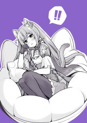 Rule 34 | !, !!, 1girl, alternate costume, animal ears, bare arms, blush, braid, cat ears, cat tail, closed mouth, commentary request, cushion, dress, frilled dress, frilled sleeves, frills, from side, genshin impact, gloves, greyscale, greyscale with colored background, hair ornament, hand on own face, highres, keqing (genshin impact), knees up, leaning, legs together, long hair, looking at viewer, lying, maitake (kinokonabe hinanjo), monochrome, on side, pantyhose, parted bangs, purple background, simple background, single braid, speech bubble, swept bangs, tail, very long hair